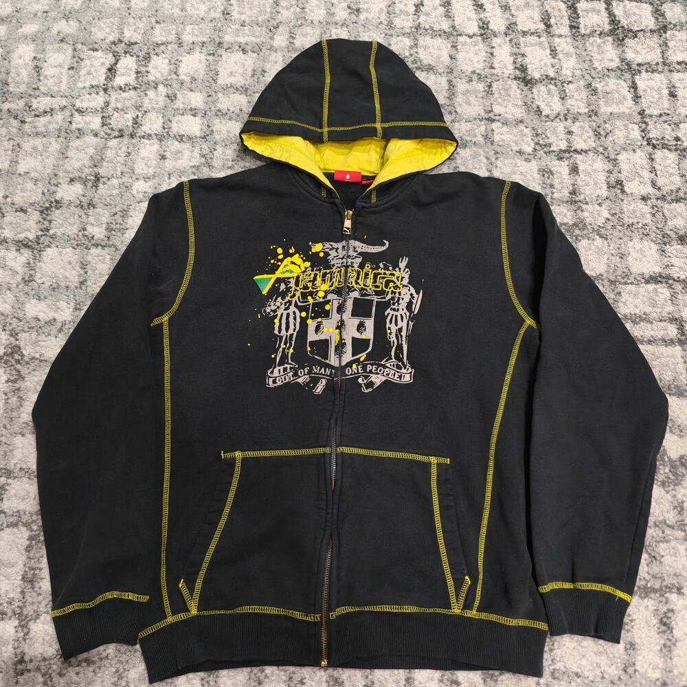 VTG Puma Jamaica Full Zip Hoodie Mens Medium Black Lime Green Y2K Streetwear 11